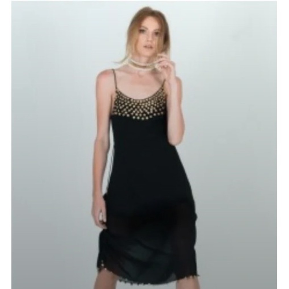 IXIAH‎ Black Gold Sequin Midi Dress Tassel Tie Back AU 10 US 6 Boho Party